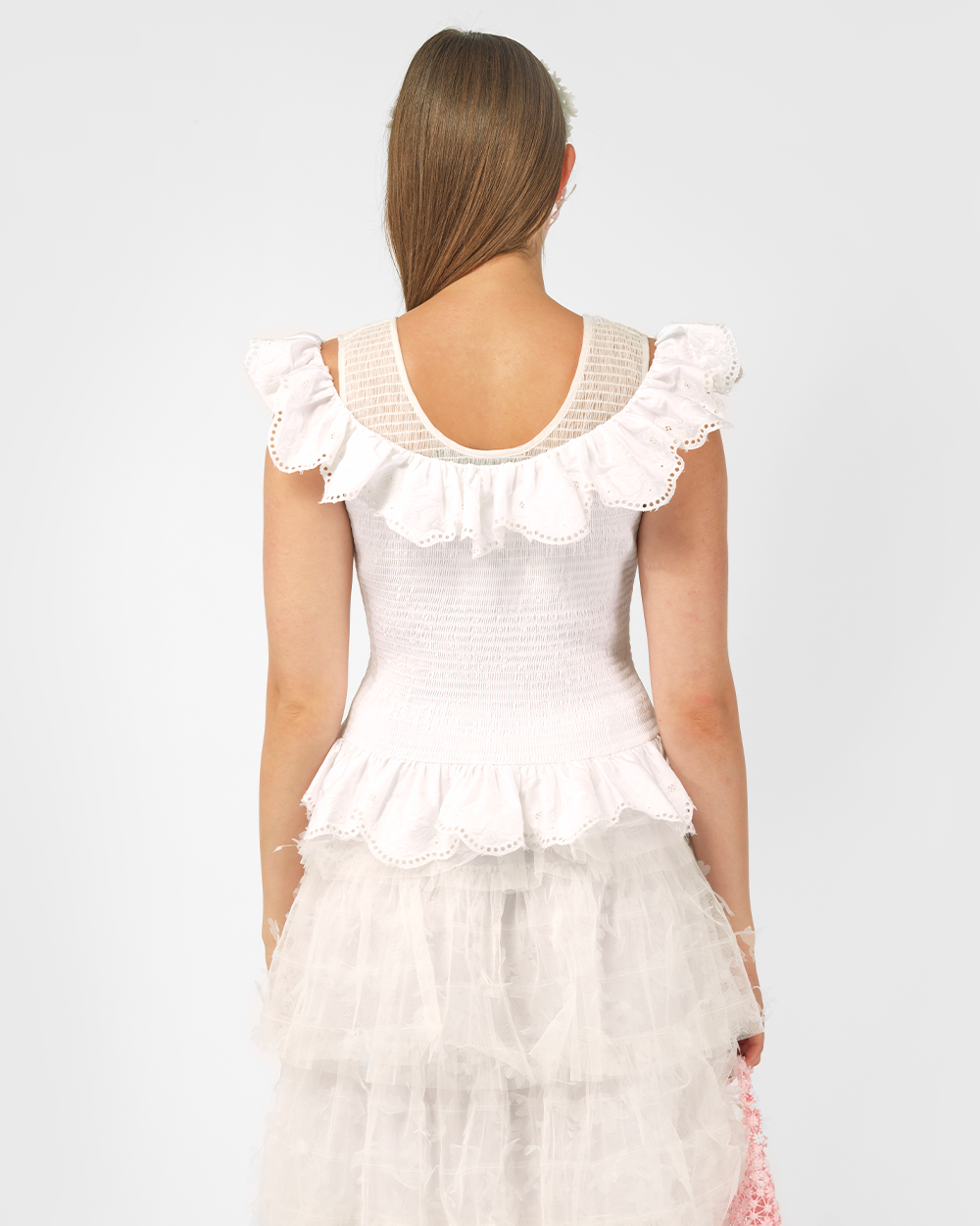 EMBROIDERED SMOCKED RUFFLE TOP