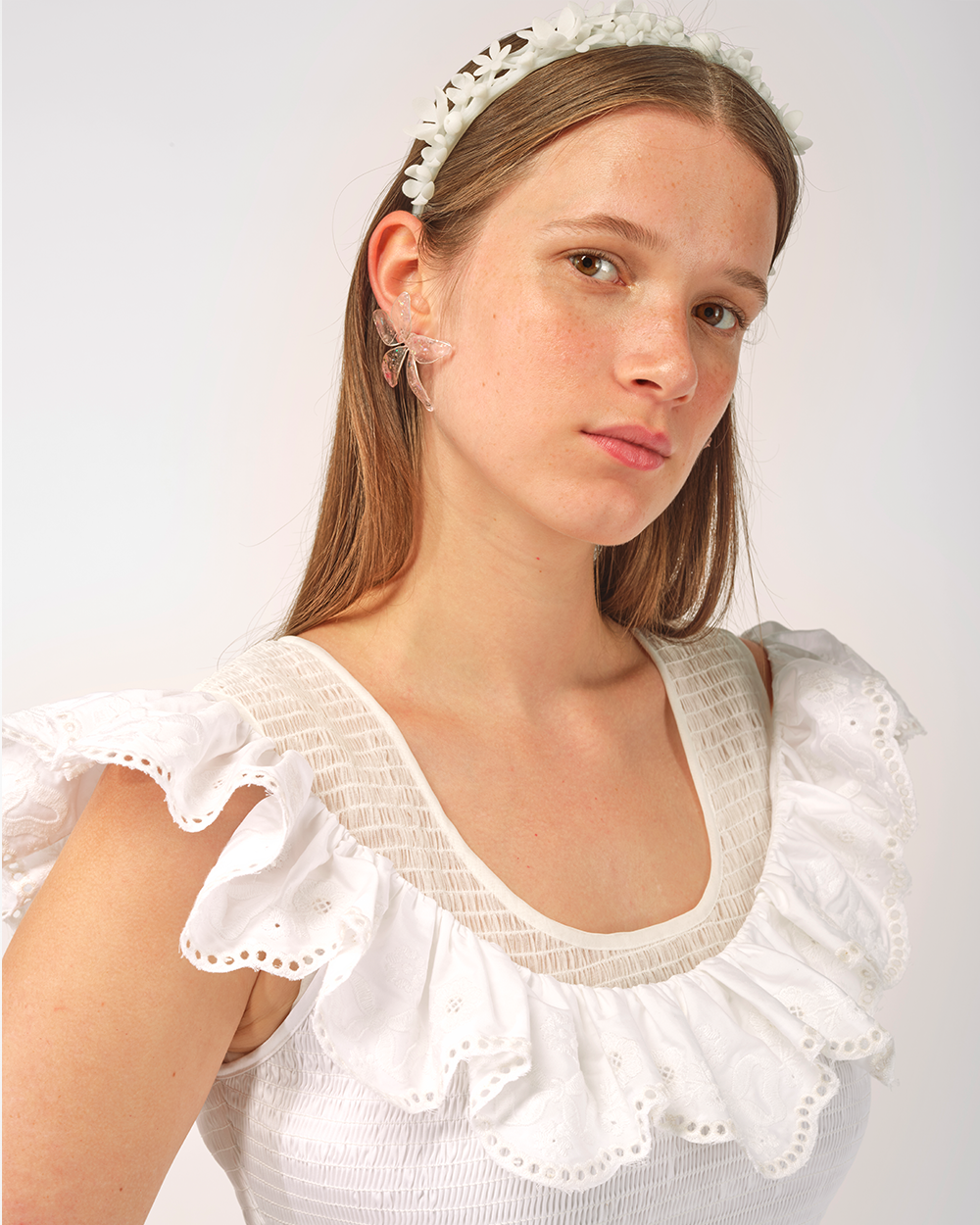 EMBROIDERED SMOCKED RUFFLE TOP