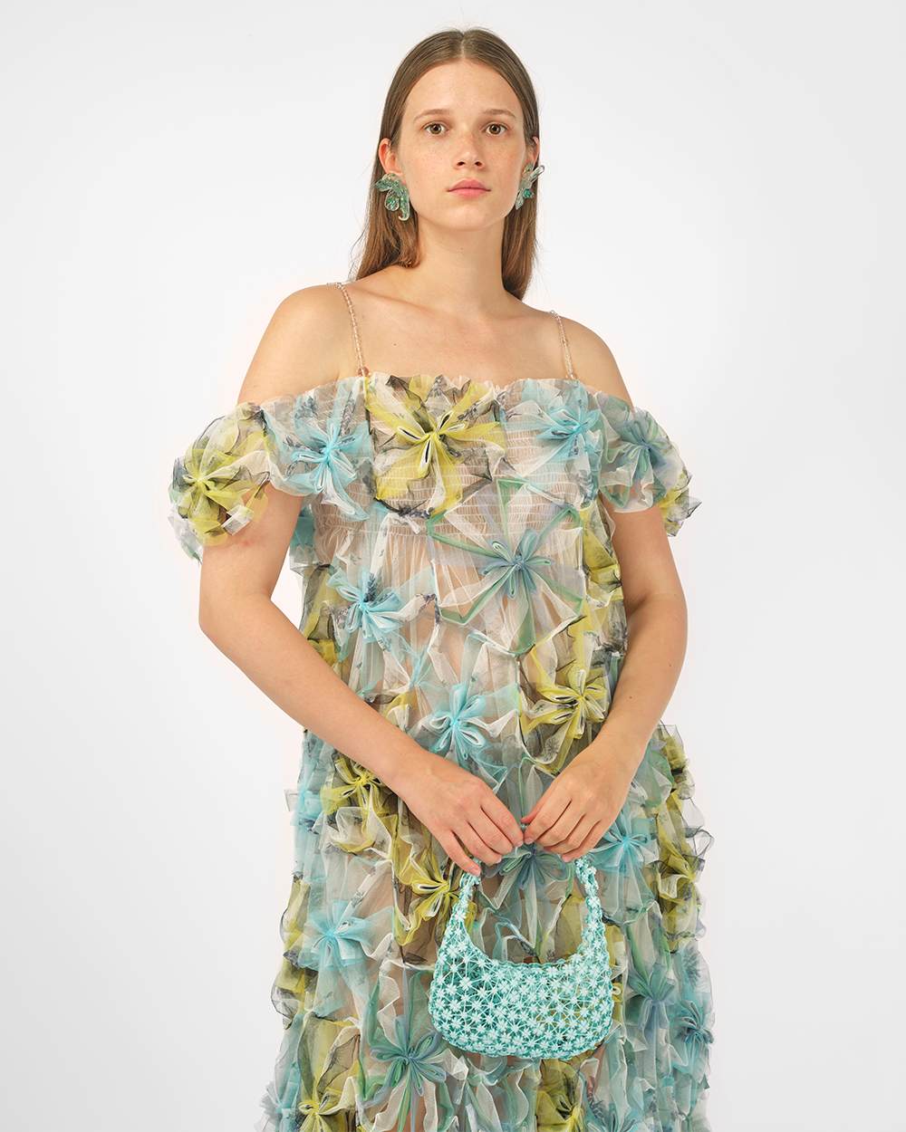 BEADED AIR-WHIRL FLOWER MIDI DRESS