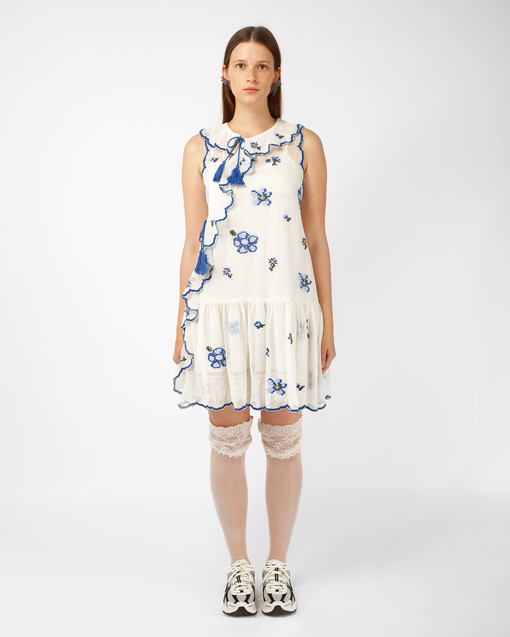 GRID EMBROIDERED FLORAL RUFFLE DRESS