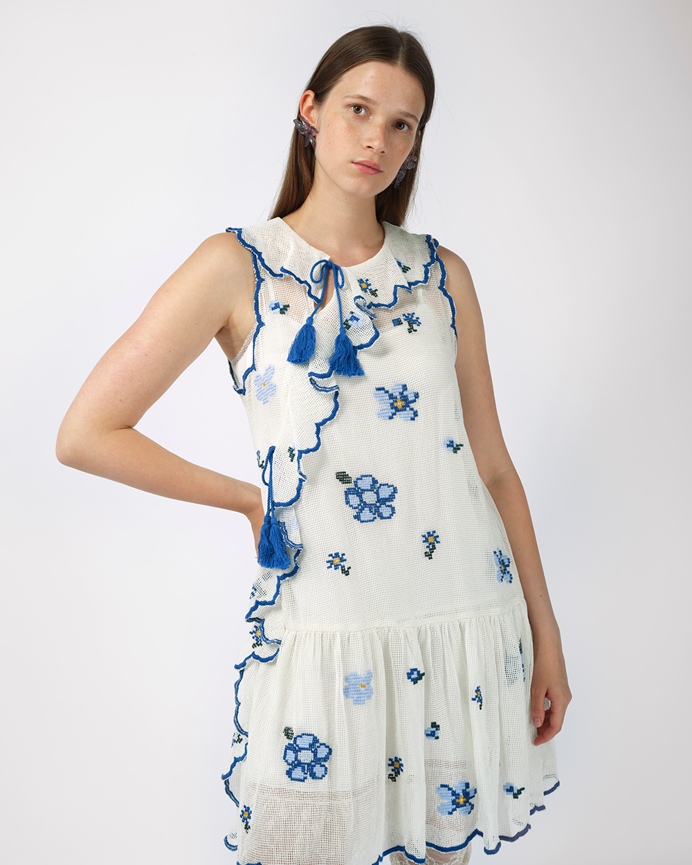 GRID EMBROIDERED FLORAL RUFFLE DRESS