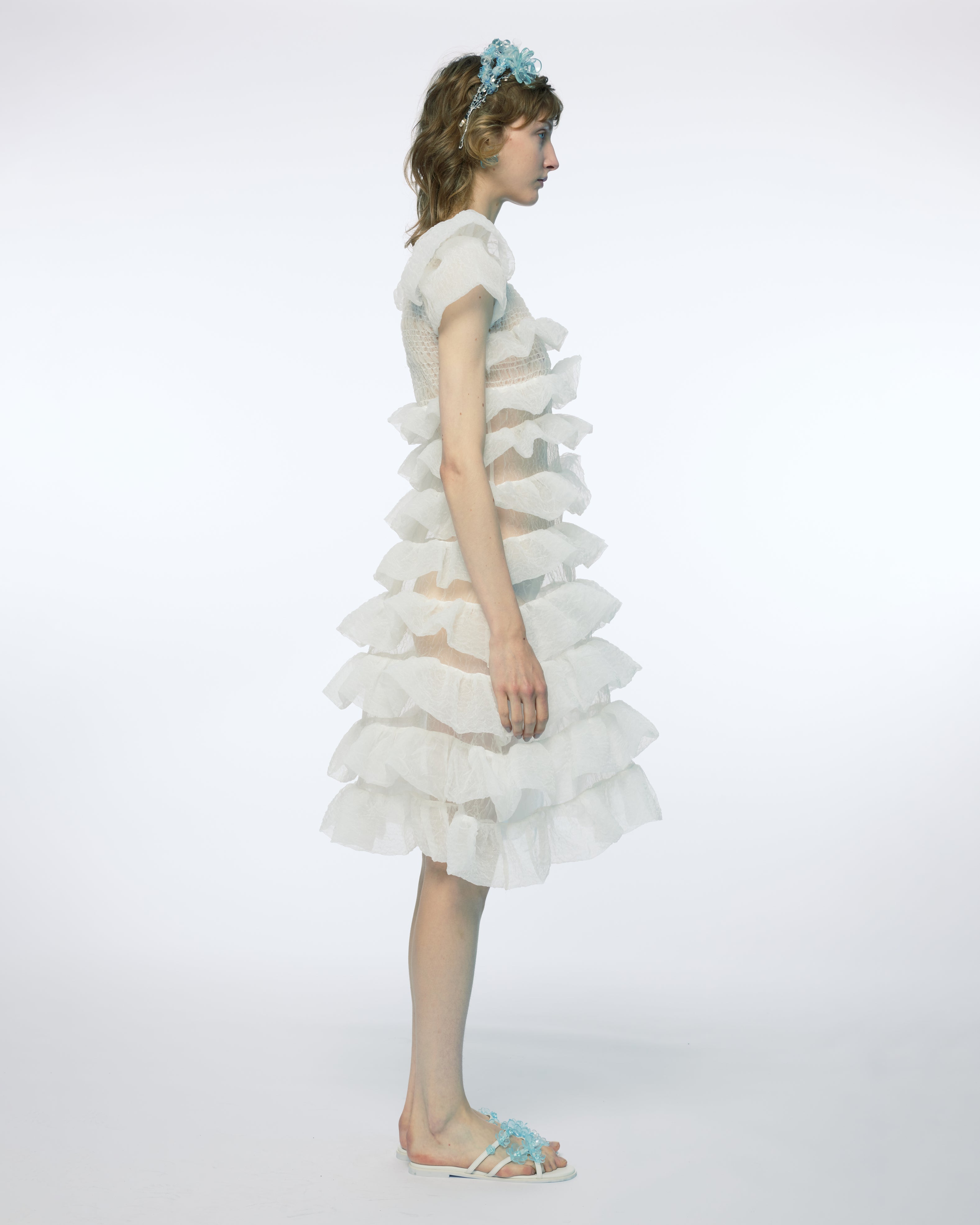 SHIRRED TIERED RUFFLE MINI DRESS