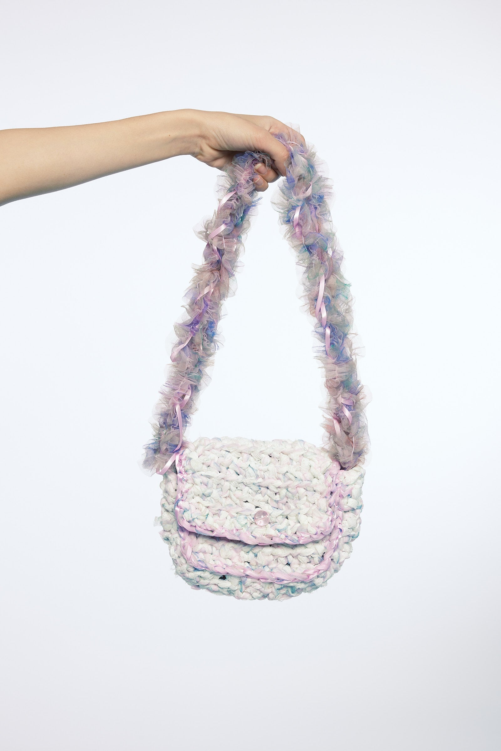 CROCHET FLAP SHOULDER BAG WITH TULLE