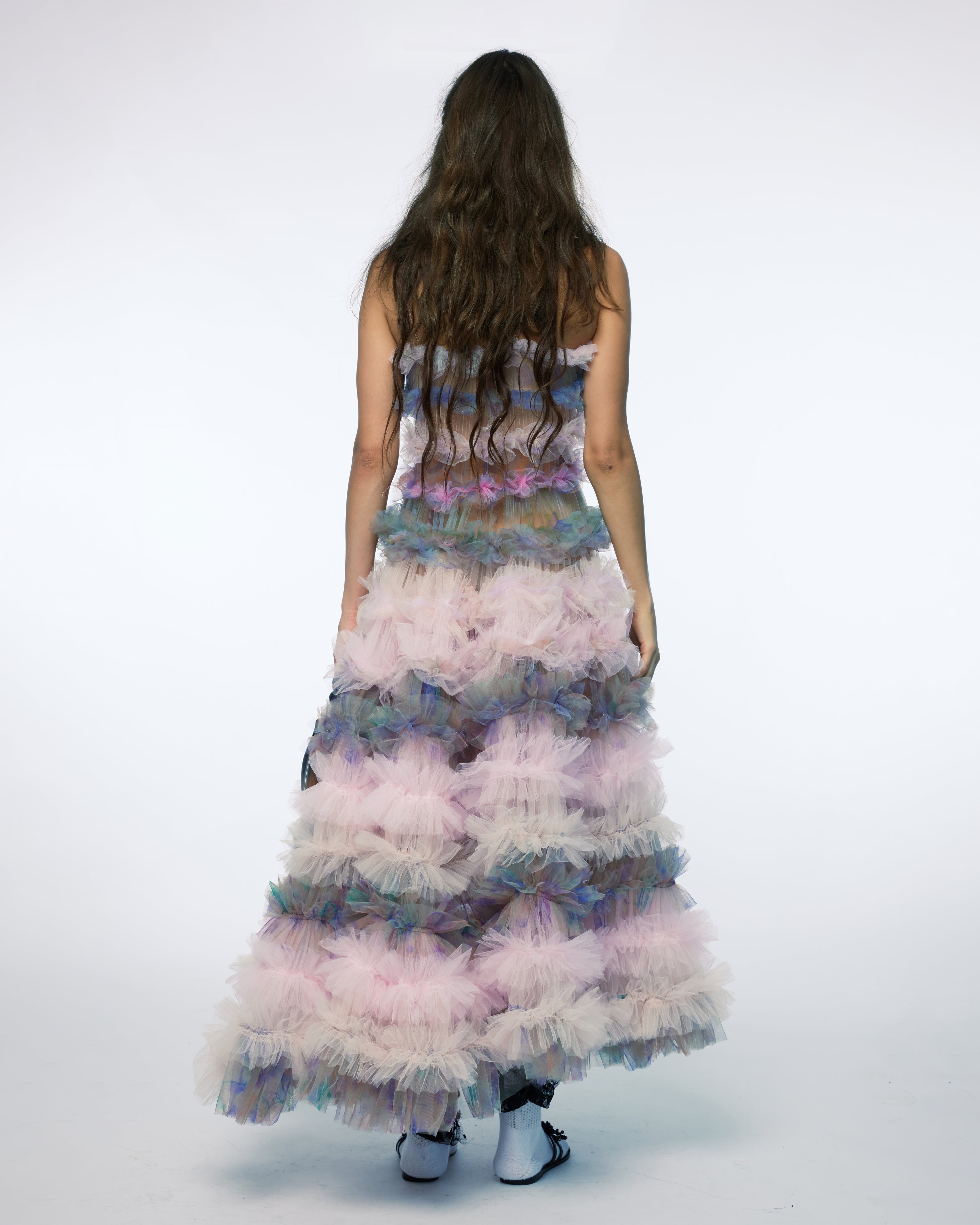 PRINTED TULLE TIERED MAXI DRESS