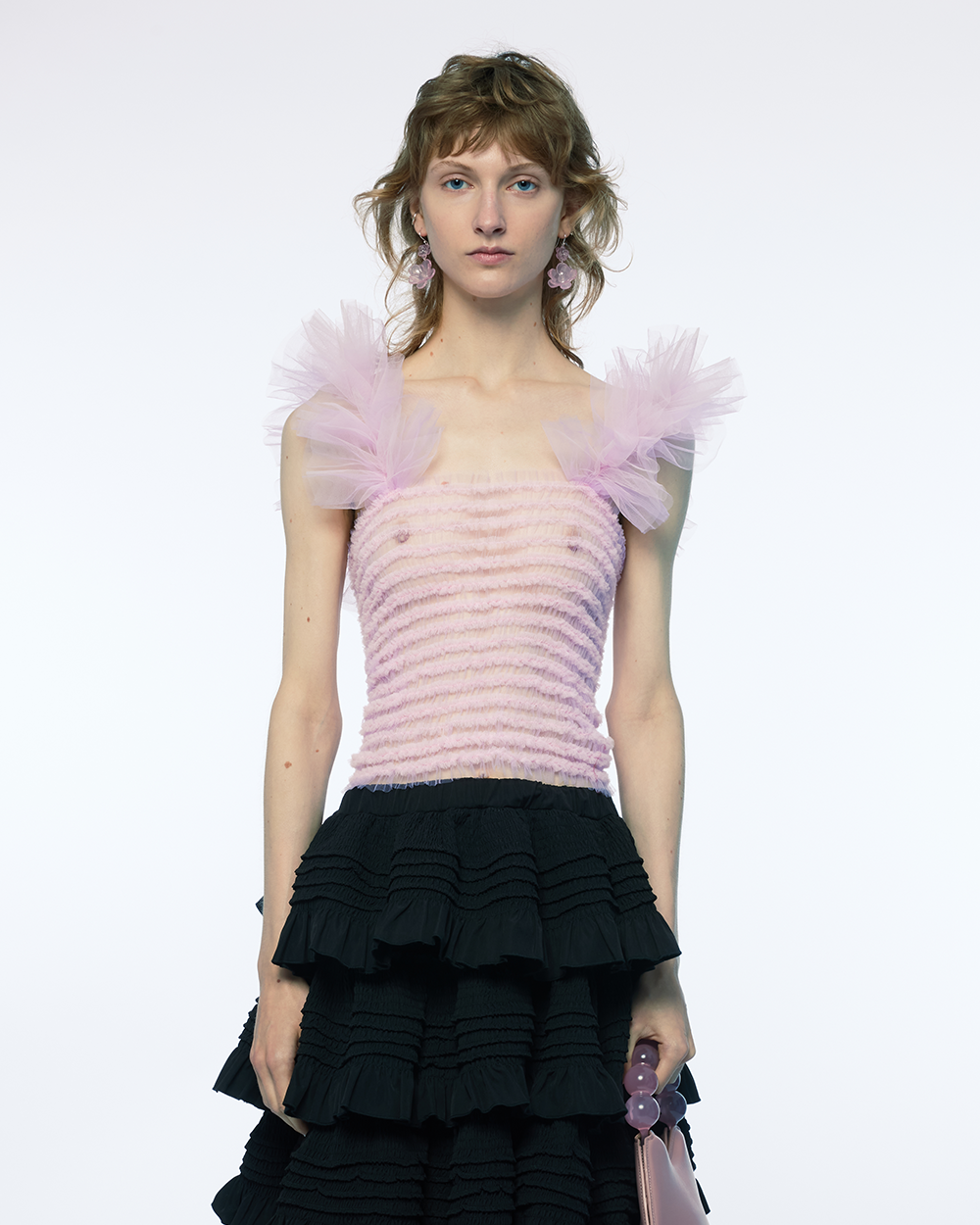 SLEVELESS SHIRRED TULLE TOP