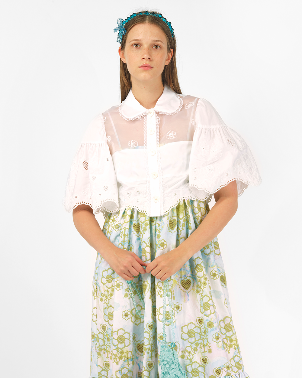 BRODERIE ANGLAISE CROPPED MINI SHIRT