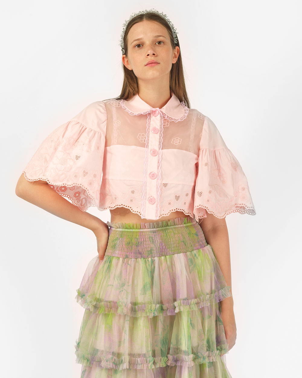 BRODERIE ANGLAISE CROPPED MINI SHIRT