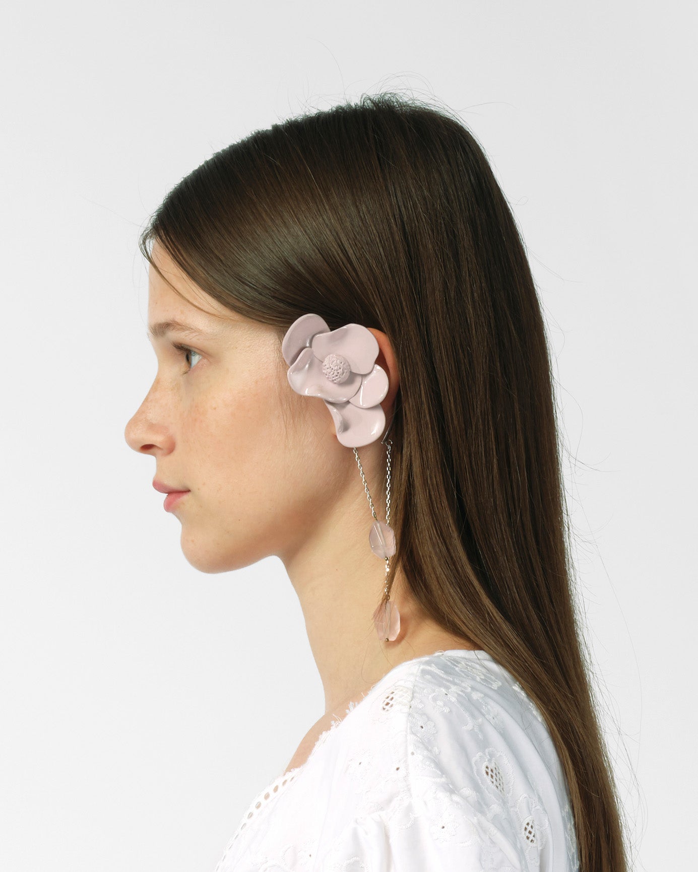 PINK JEWELRY WHITE 3D FLOWER DANGLING EAR CUFF EARRINGS WITH SILVER CHAIN AND CRYSTAL