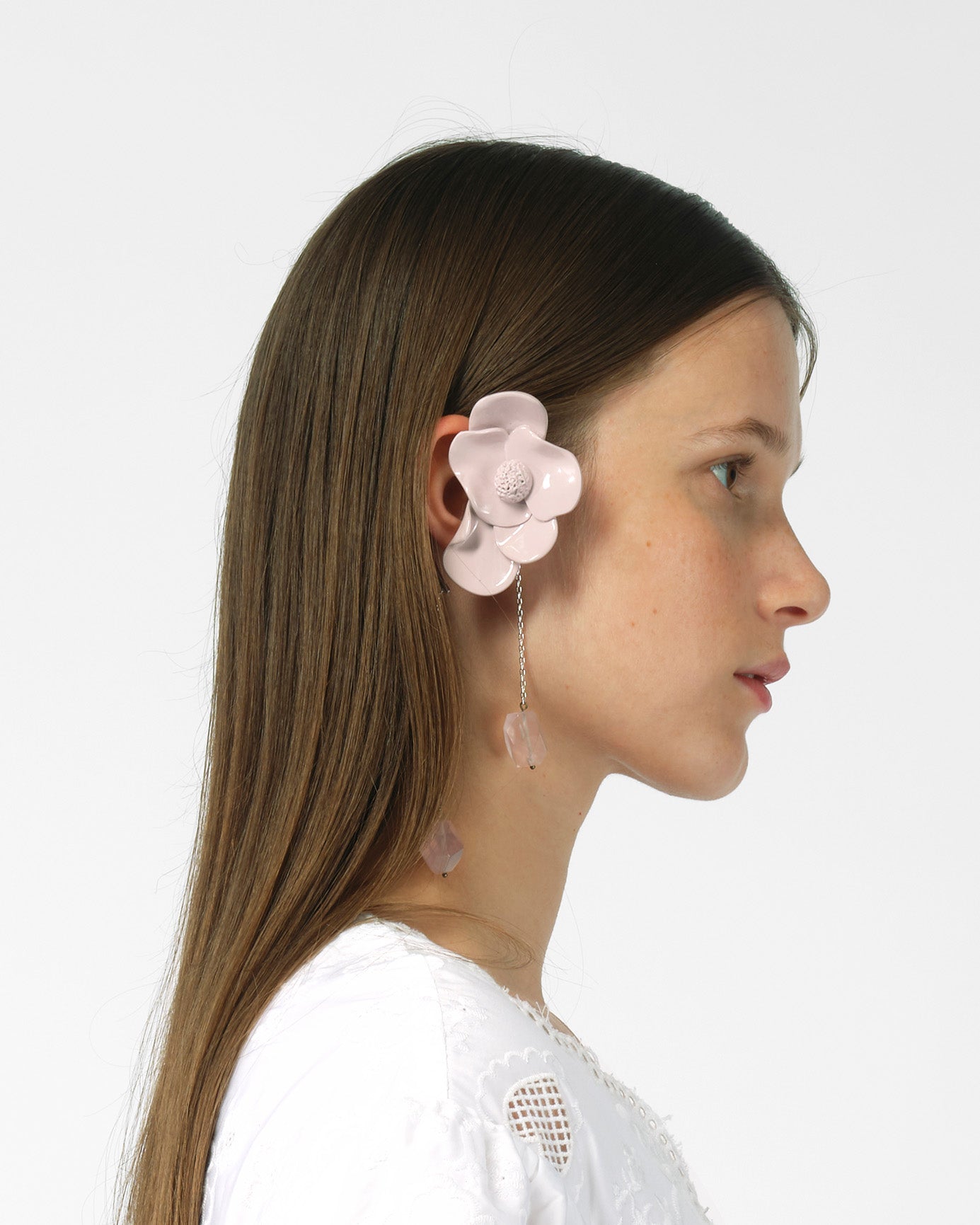 PINK JEWELRY WHITE 3D FLOWER DANGLING EAR CUFF EARRINGS WITH SILVER CHAIN AND CRYSTAL