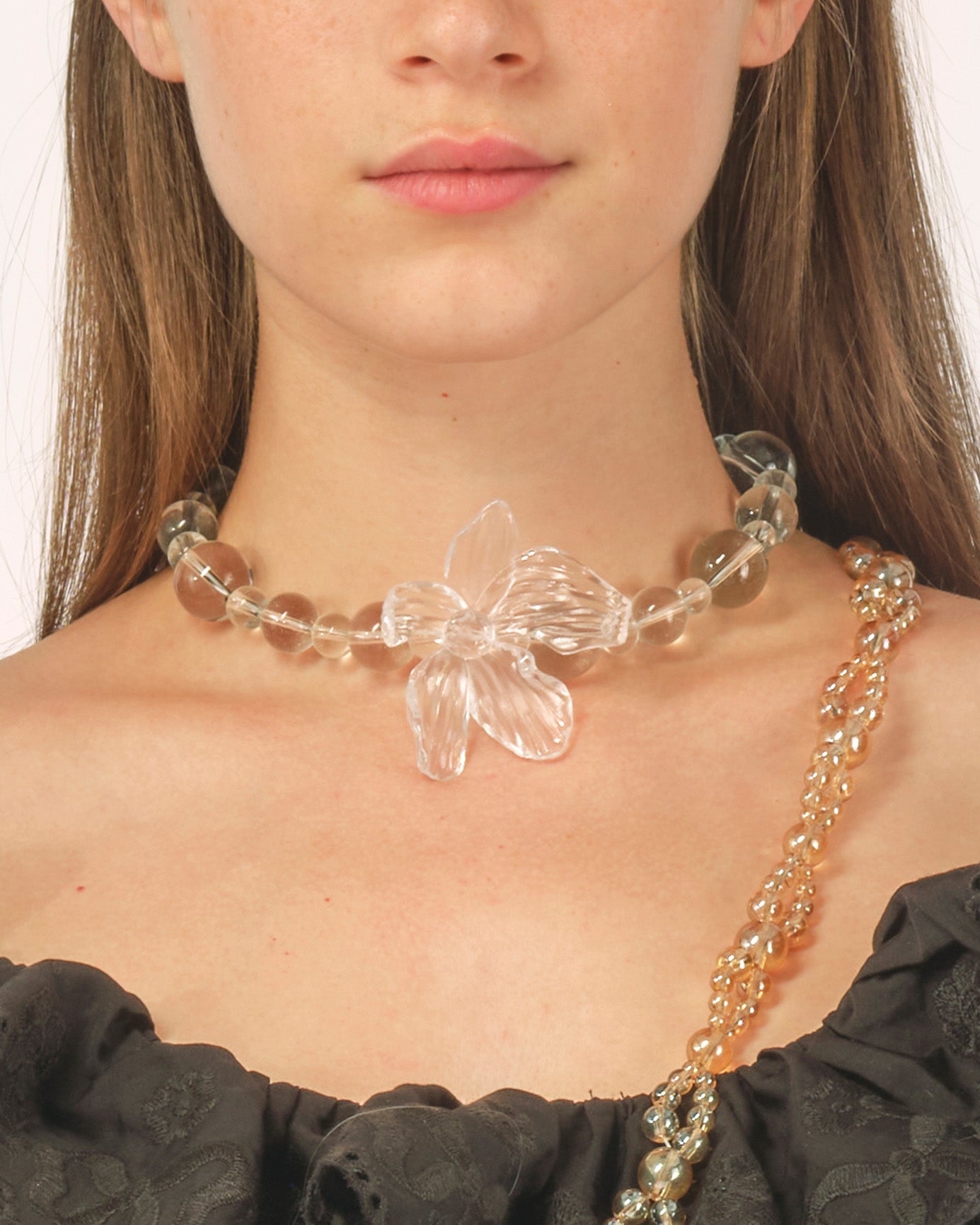 WOMEN CLEAR TRANSPARENT 3D PRINTED FLOWER BEADED CHAIN NECKLACE