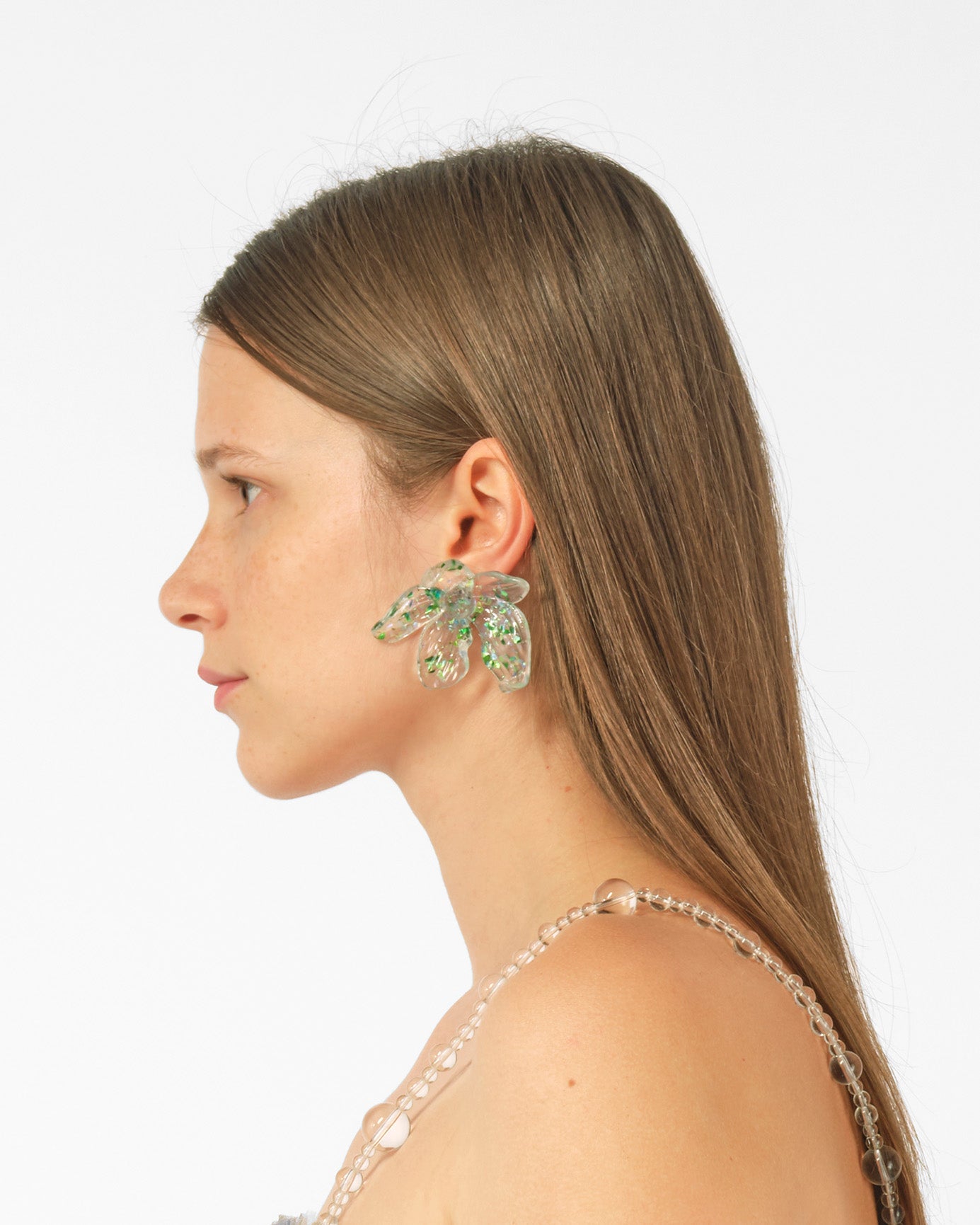 WOMEN GREEN 3D PRINTED SPARKLE FLOWER EARRING WITH SILVER BACK STUD