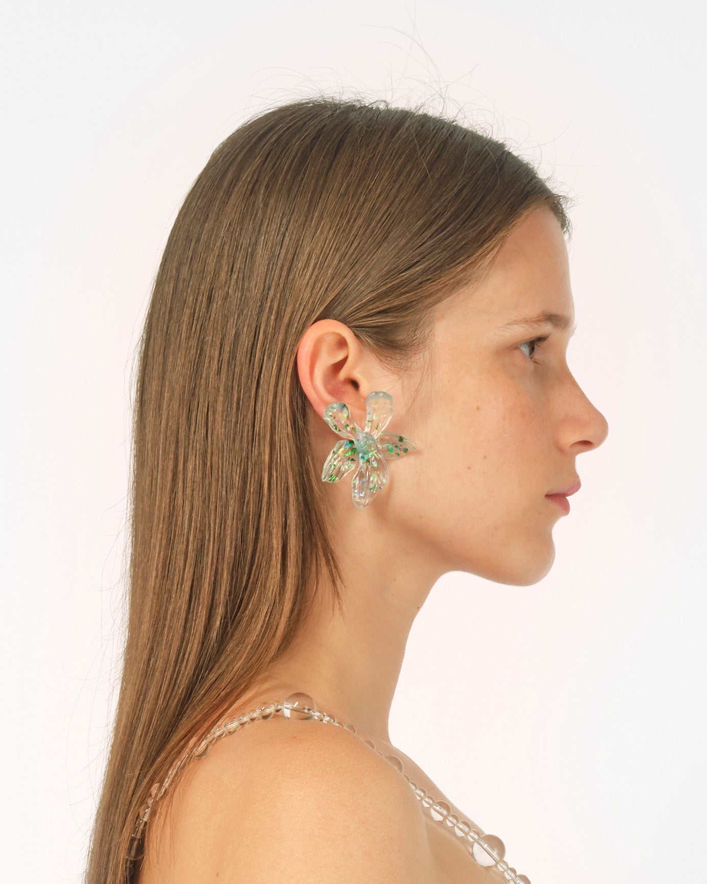 WOMEN GREEN 3D PRINTED SPARKLE FLOWER EARRING WITH SILVER BACK STUD