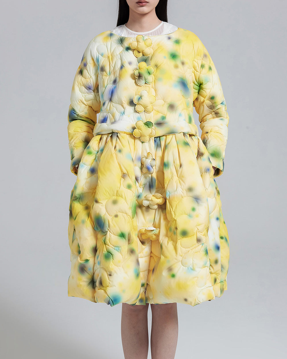 Printed Flower Button Puffer Jacket