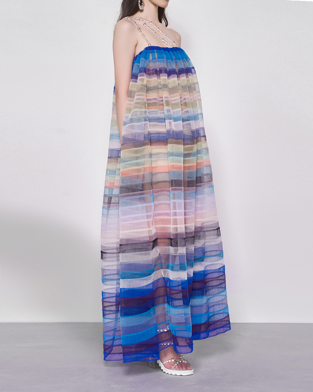 Long Striped Blue Tulle Dress