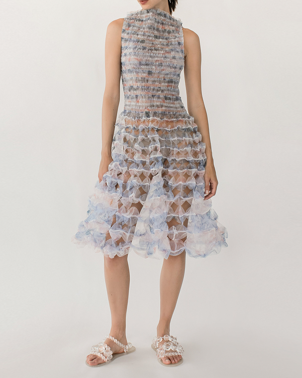 LIGHT BLUE PRINT SMOCK AIR-BALLOON DRESS