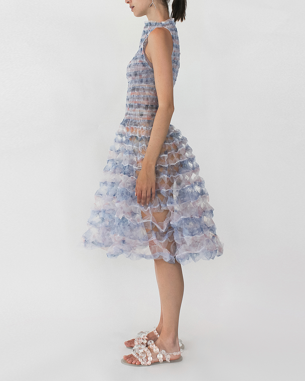 LIGHT BLUE PRINT SMOCK AIR-BALLOON DRESS