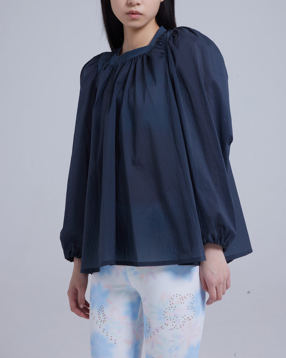 Rib Detail Gathered Long Sleeve Top