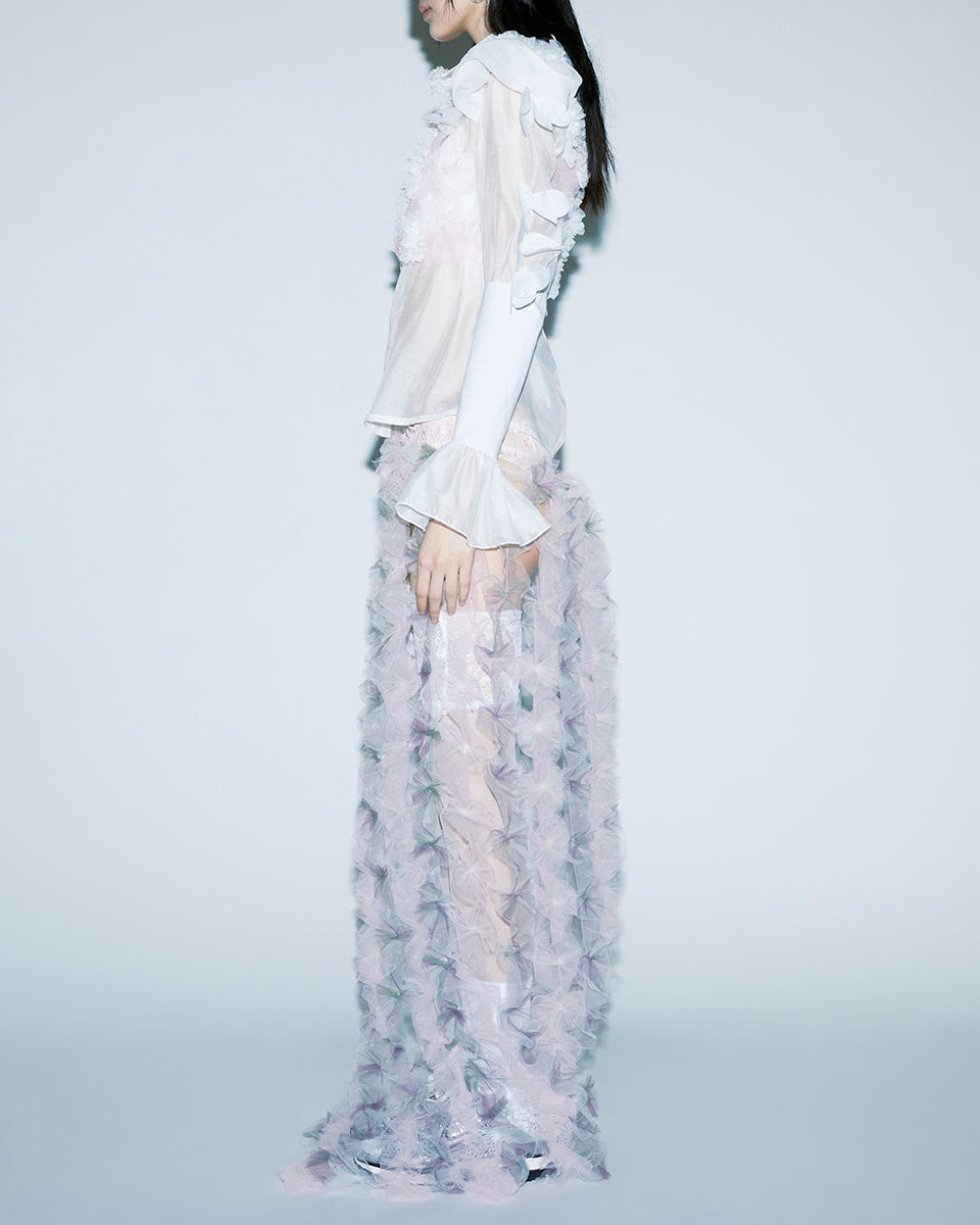 AIR-FLOWER DETAILS SEE-THROUGH FABRIC MAXI LONG WOMEN SKIRT