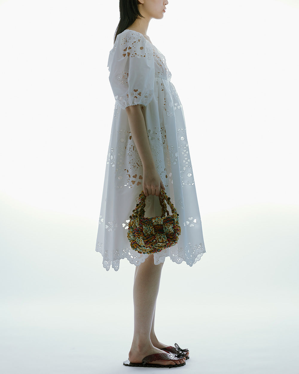 BALLOON SLEEVE EMBROIDERED MIDI DRESS