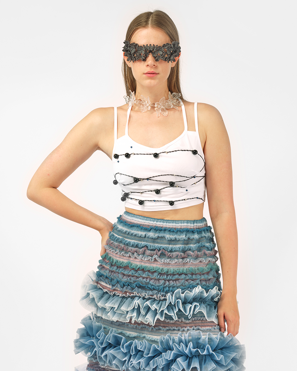 WHITE WOMEN BEADED EMBROIDERED JERSEY SPAGHETTI STRAP CROP TOP