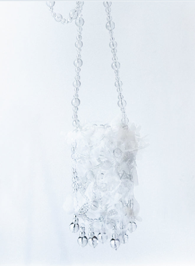 BEADED CROSSBODY STYLE LASER-CUT FLOWERS TRANSPARENT BEADED FRINGES PHONE HOLDER 