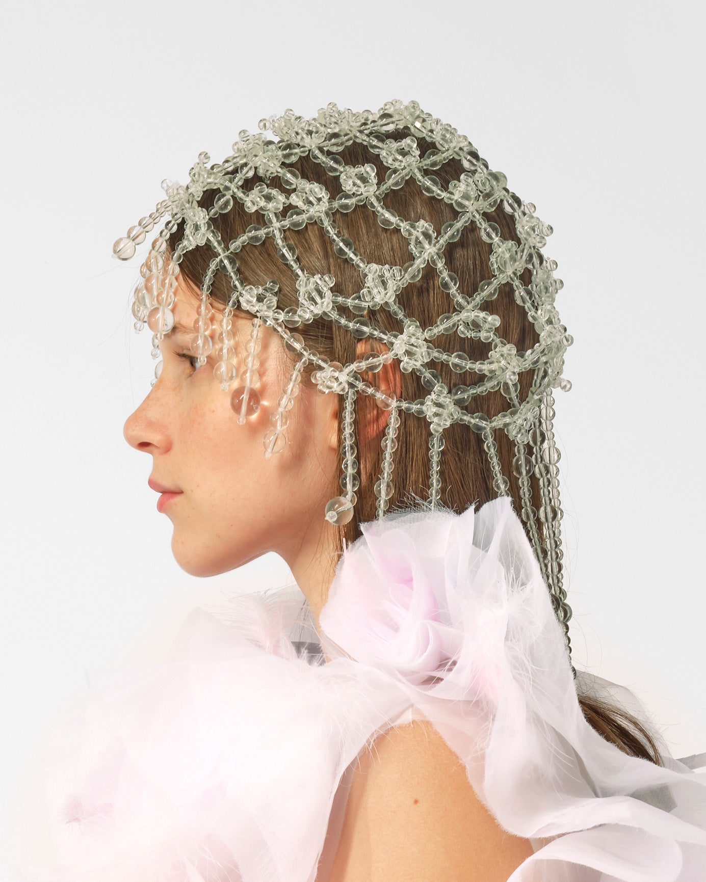 WOMEN CLEAR TRANSPARENT BUBBLE BEADED TASSEL HEADPIECE WEDDING BRIDAL VEIL HEADPIECE