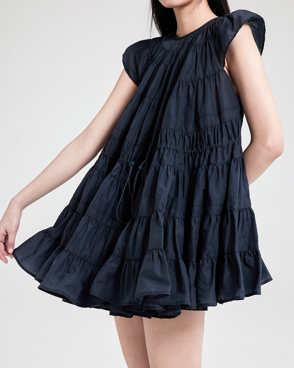 WOMEN GIRL SHORT STYLE ROUND NECK BLACK A LINE MINI TIERED DRESS