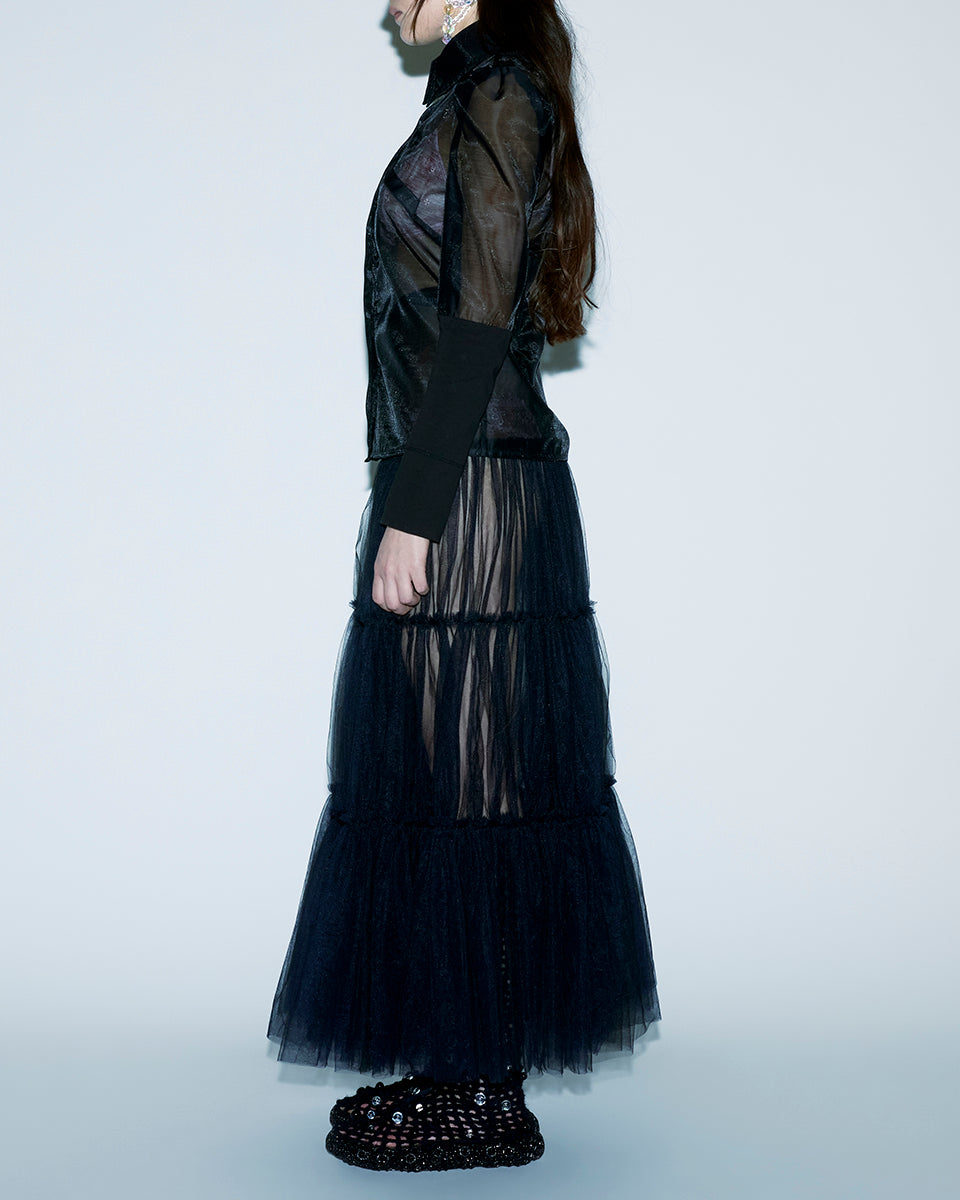 BLACK RUFFLE DETAILS SEE-THROUGH FABRIC SHEER WOMEN MAXI LONG SKIRT