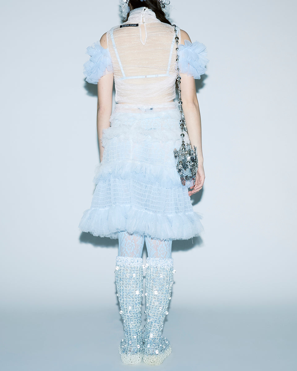 BLUE GRADIENT SMOCKED KNEE-LENGTH SMOCKING DETAILS RUFFLES GRADIENT TONE SEE-THROUGH FABRIC SKIRT