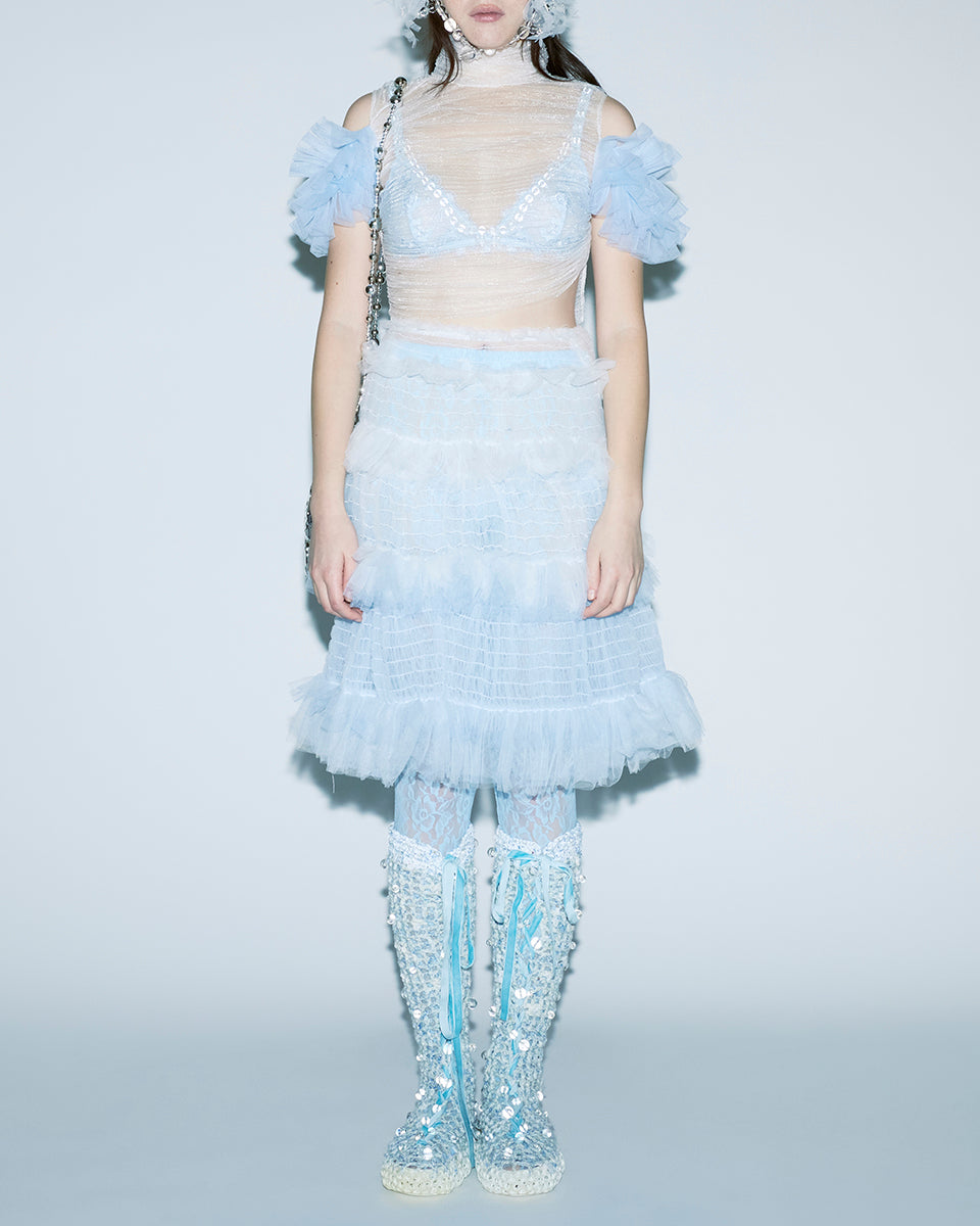 BLUE GRADIENT SMOCKED KNEE-LENGTH SMOCKING DETAILS RUFFLES GRADIENT TONE SEE-THROUGH FABRIC SKIRT