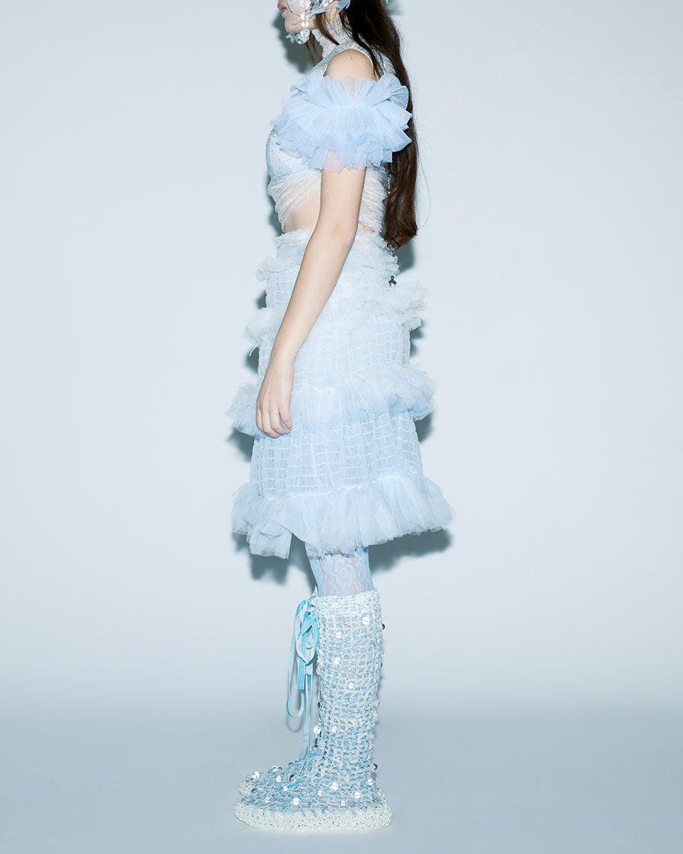 BLUE GRADIENT SMOCKED KNEE-LENGTH SMOCKING DETAILS RUFFLES GRADIENT TONE SEE-THROUGH FABRIC SKIRT