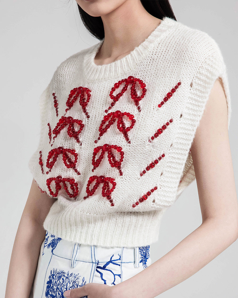 WOMEN GIRL RED WHITE CROP SLEEVELESS STYLE BOW KNIT VEST