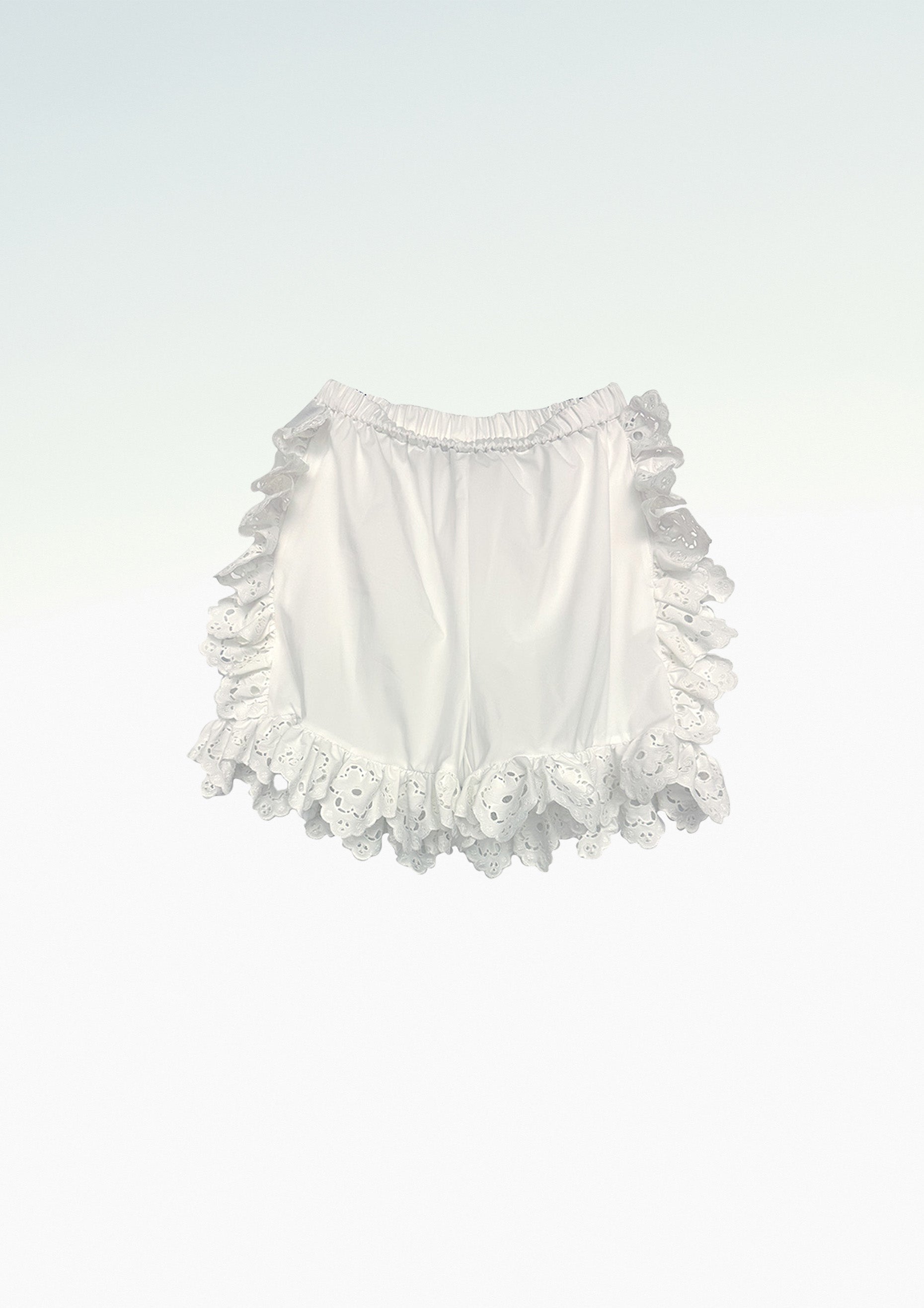 WOMEN RUFFLE MINI SHORT BRODERIE-ANGALISE SHORTS WITH WHITE