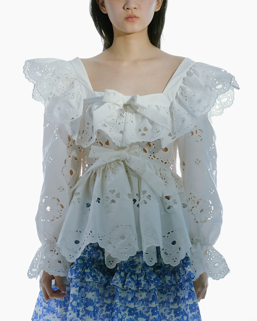 WOMEN STYLE LONG SLEEVE BRODERIE ANGLAISE BOW BLOUSE WHITE TOP