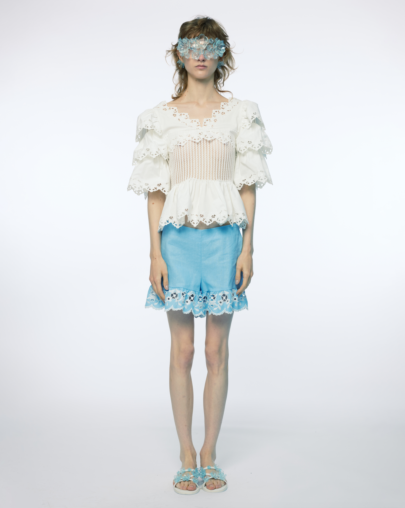 WOMEN BLUE BRODERIE ANGLAISE COTTON SHORTS