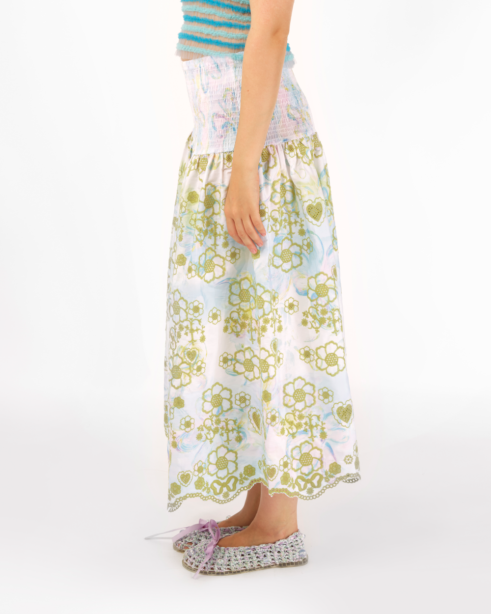 BLUE WOMEN BRODERIE ANGLAISE GATHERED LONG SKIRT