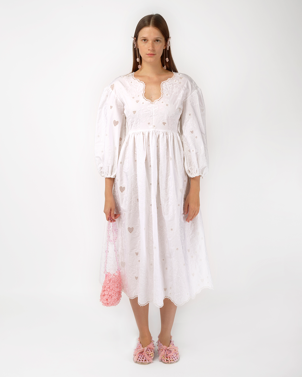 WHITE WOMEN BRODERIE ANGLAISE PUFF LONG SLEEVE DRESS 