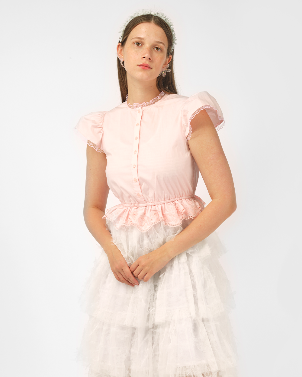 PINK WOMEN BRODERIE ANGLAISE SHORT SLEEVE RUFFLE LADY SHIRT TOP