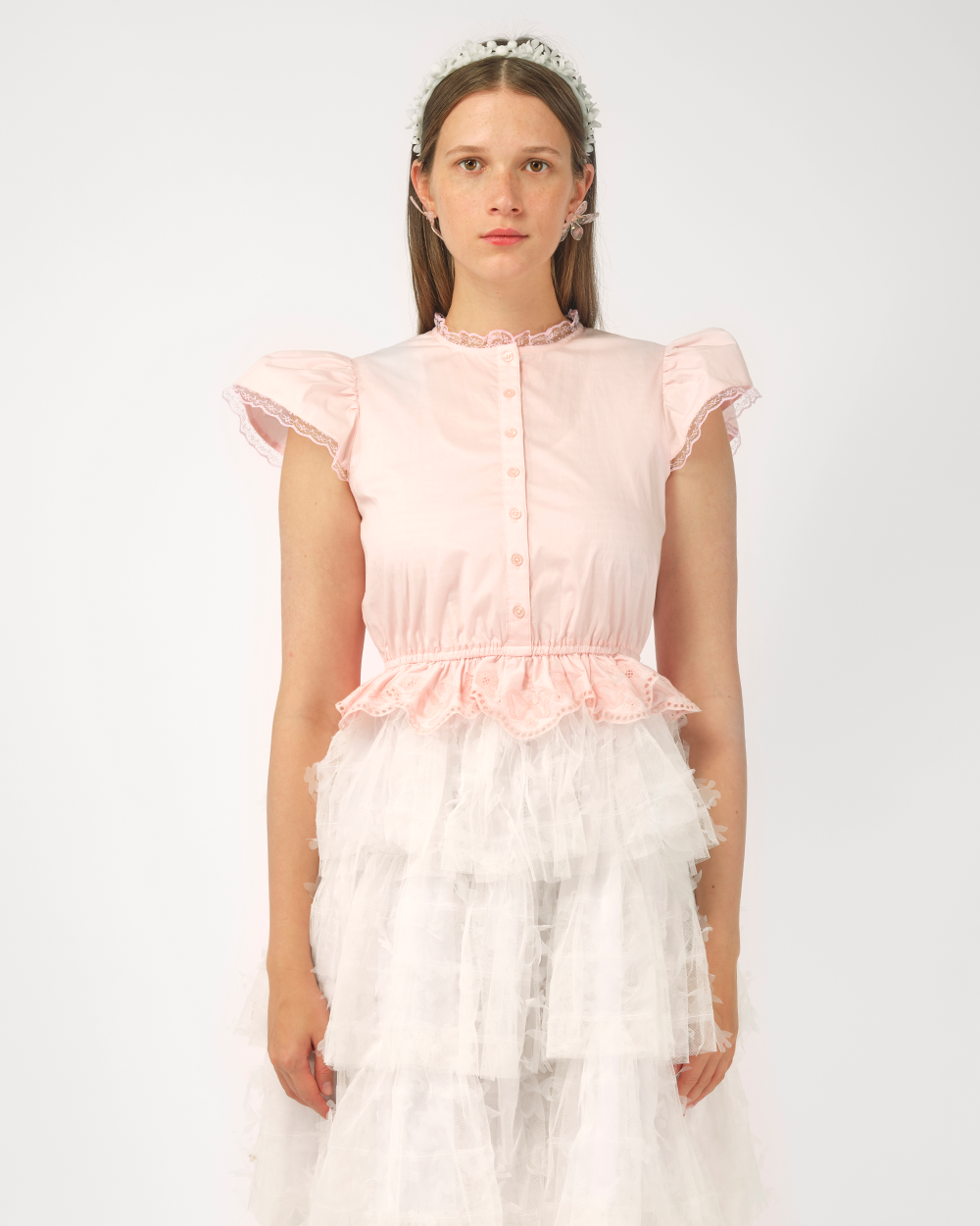 PINK WOMEN BRODERIE ANGLAISE SHORT SLEEVE RUFFLE LADY SHIRT TOP