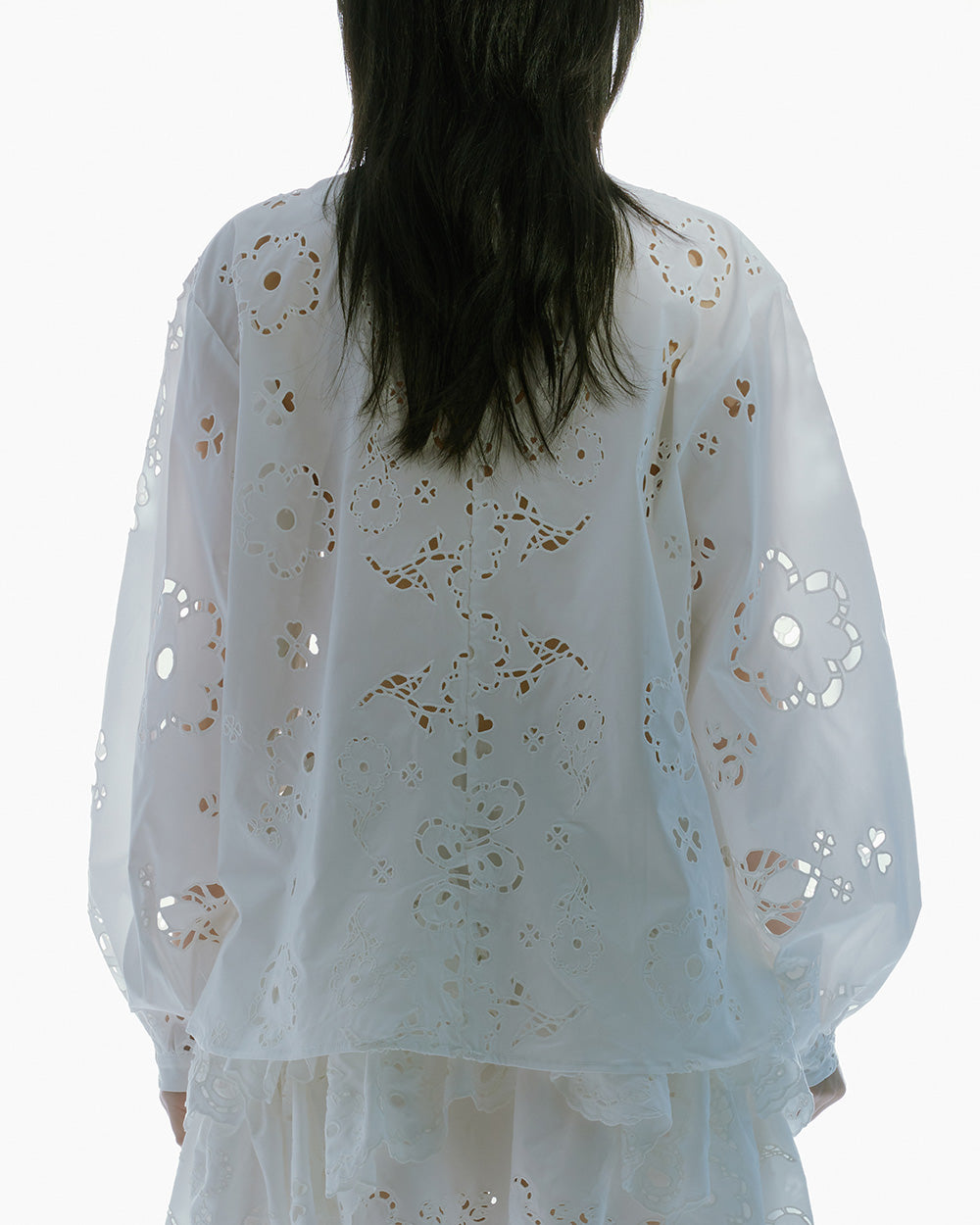 WOMEN STYLE LONG SLEEVE BRODERIE-ANGLAISE SHIRT WHITE TOP