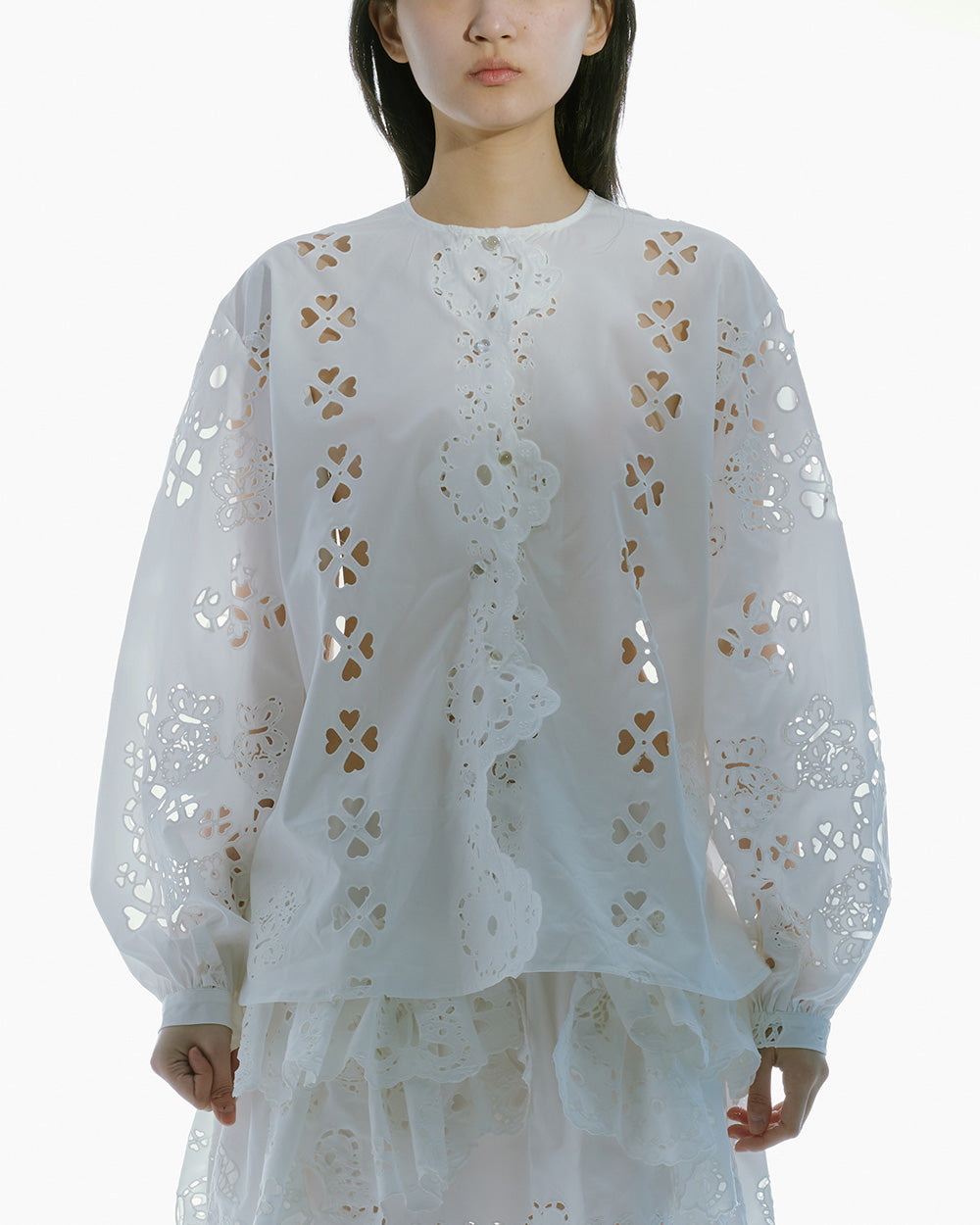 WOMEN STYLE LONG SLEEVE BRODERIE-ANGLAISE SHIRT WHITE TOP