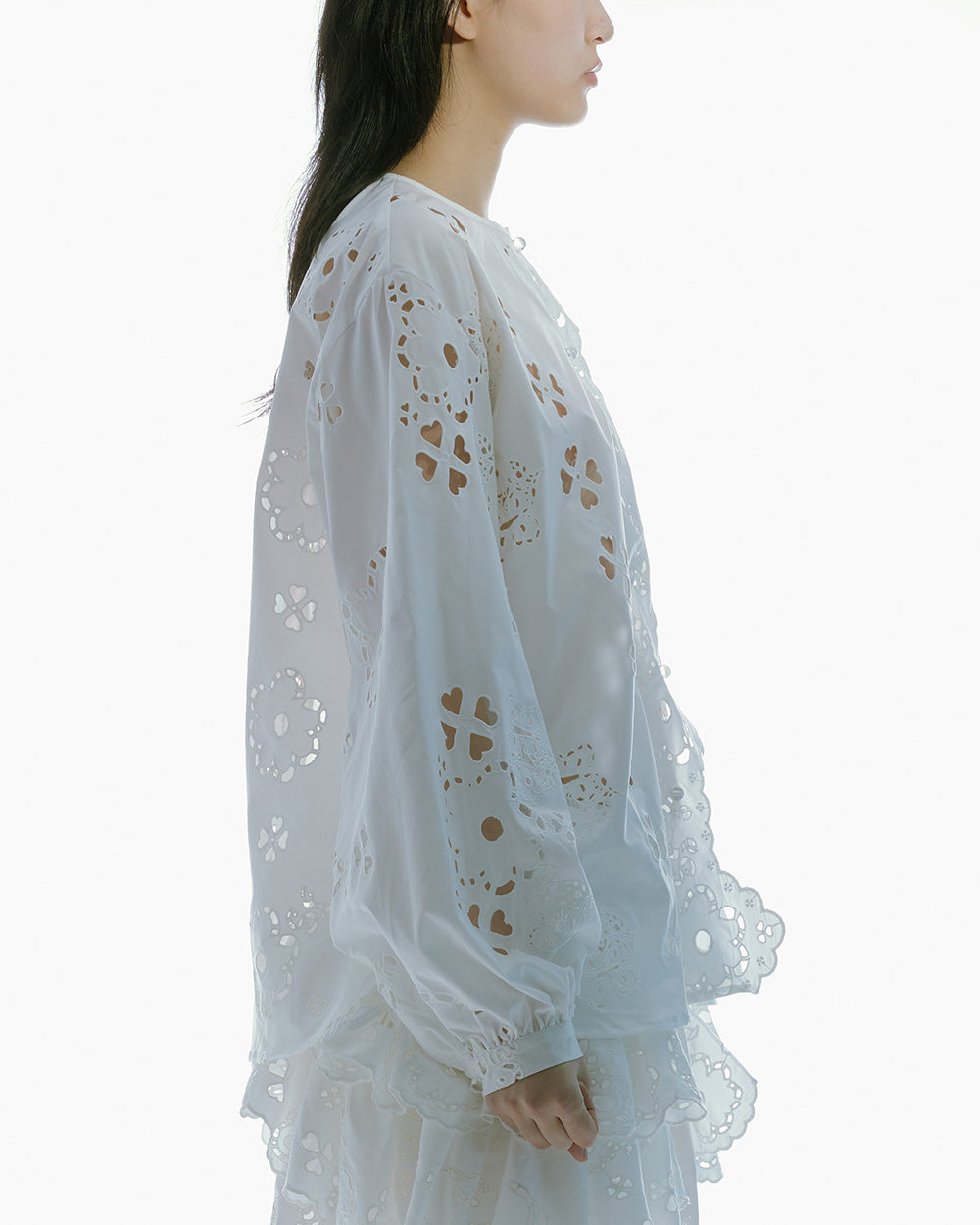 WOMEN STYLE LONG SLEEVE BRODERIE-ANGLAISE SHIRT WHITE TOP