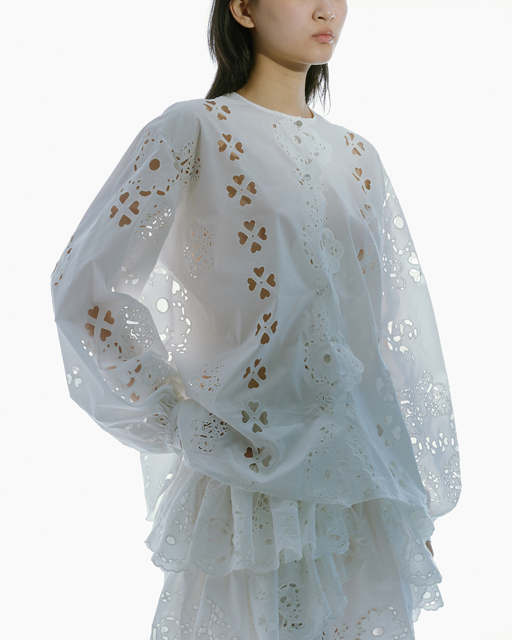 WOMEN STYLE LONG SLEEVE BRODERIE-ANGLAISE SHIRT WHITE TOP