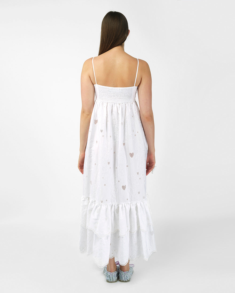 WHITE WOMEN BRODERIE ANGLAISE SLEEVELESS STRAP ANKLE LONG DRESS