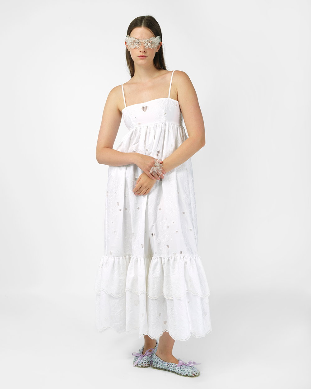 WHITE WOMEN BRODERIE ANGLAISE SLEEVELESS STRAP ANKLE LONG DRESS