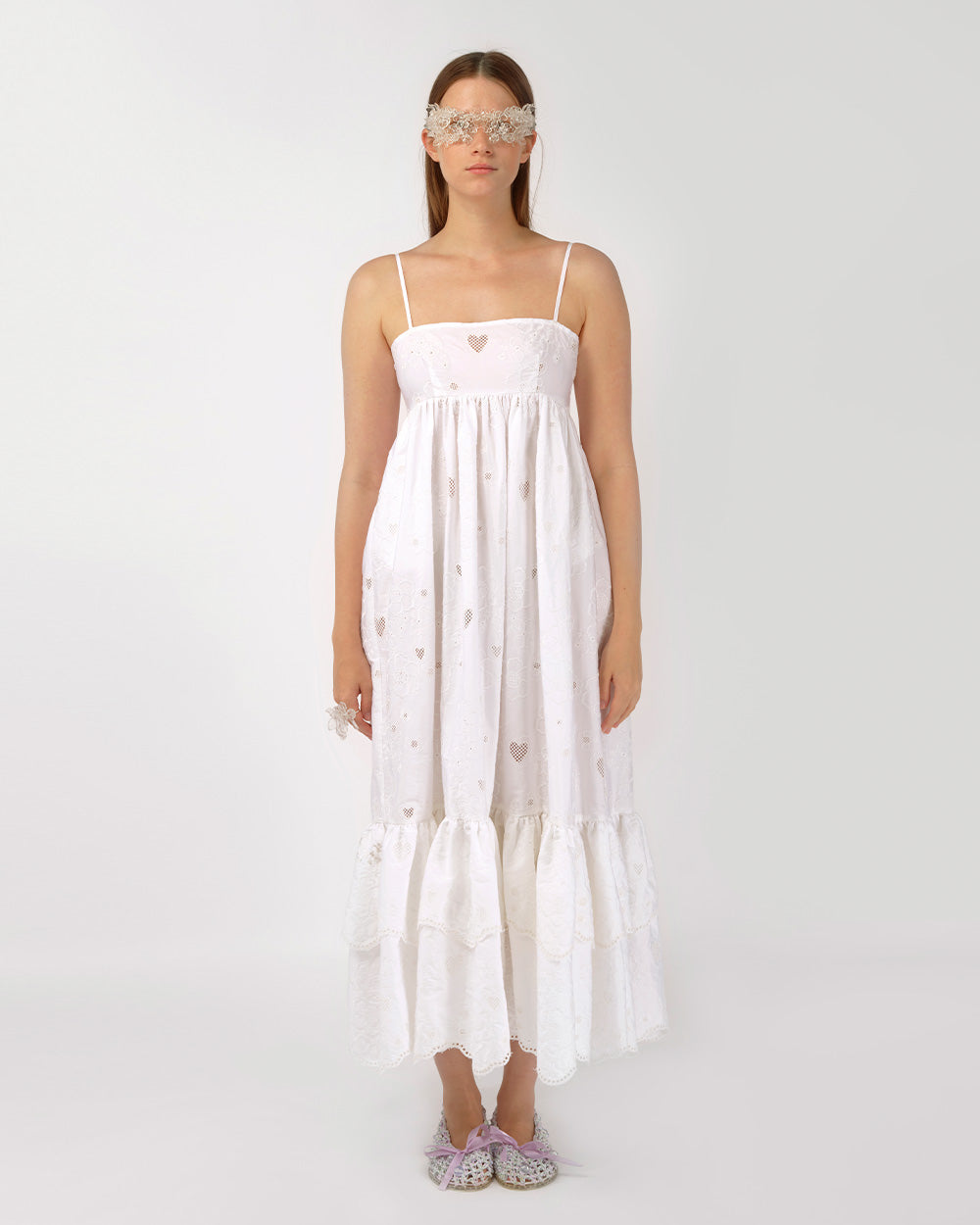 WHITE WOMEN BRODERIE ANGLAISE SLEEVELESS STRAP ANKLE LONG DRESS