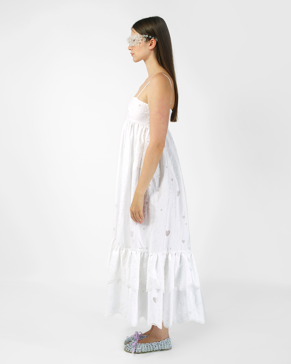 WHITE WOMEN BRODERIE ANGLAISE SLEEVELESS STRAP ANKLE LONG DRESS