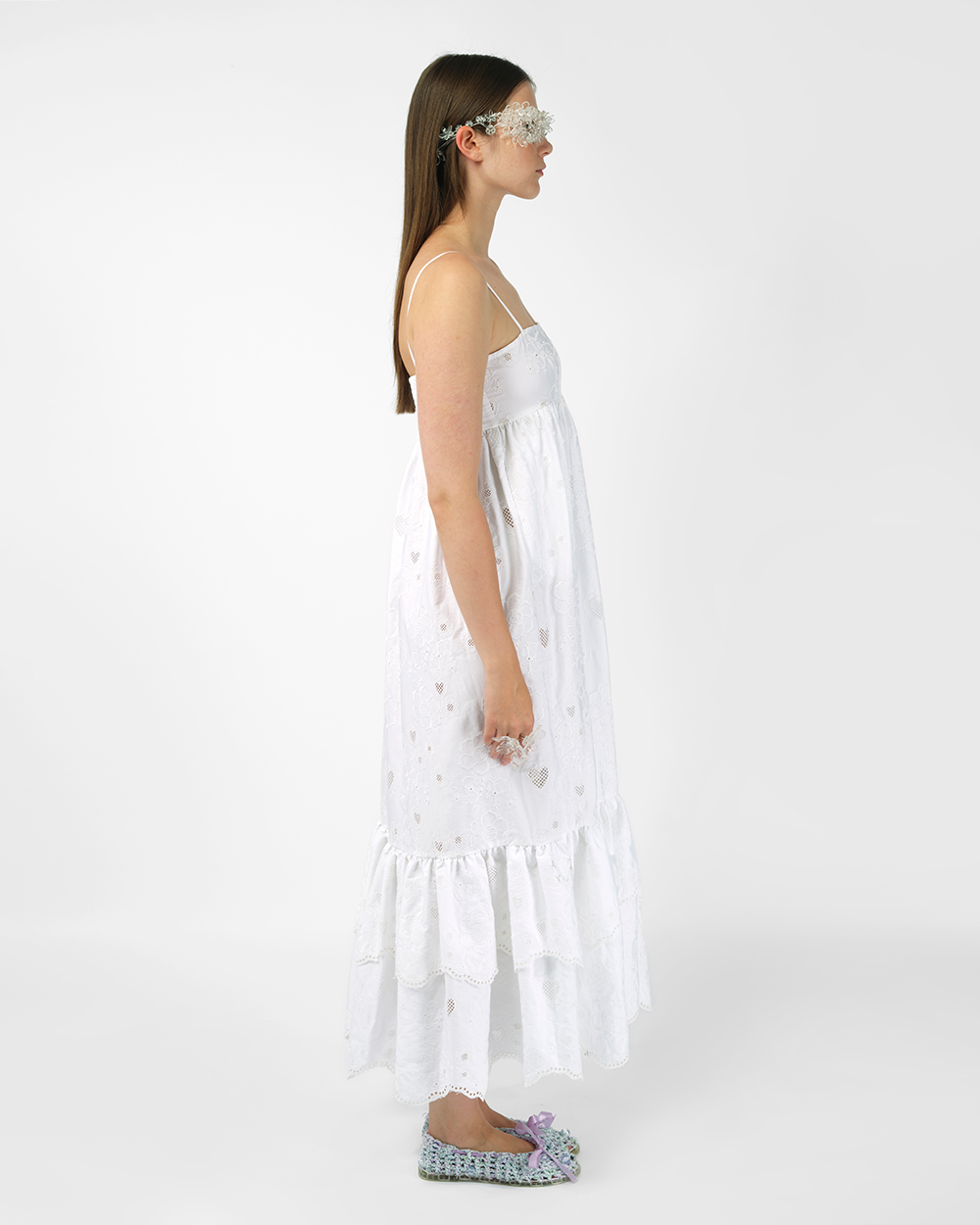 WHITE WOMEN BRODERIE ANGLAISE SLEEVELESS STRAP ANKLE LONG DRESS