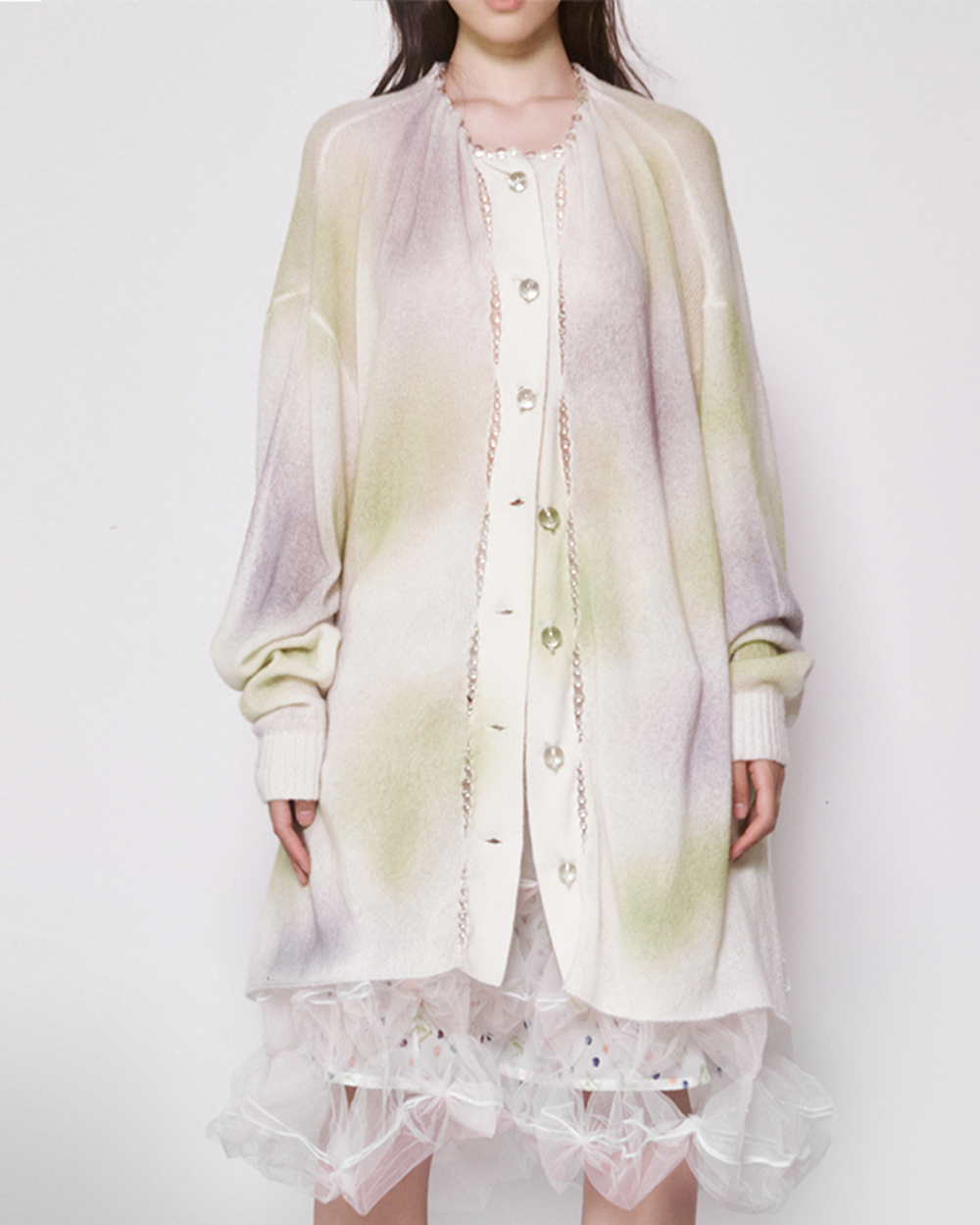 WOMEN GIRL LONG SLEEVE PASTEL WHITE BUBBLE PLACKET OVERSIZED CARDIGAN