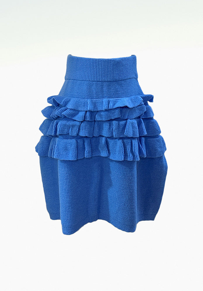 WOMEN SHORT MINI STYLE BLUE RUFFLED CRINOLINE KNIT SKIRT